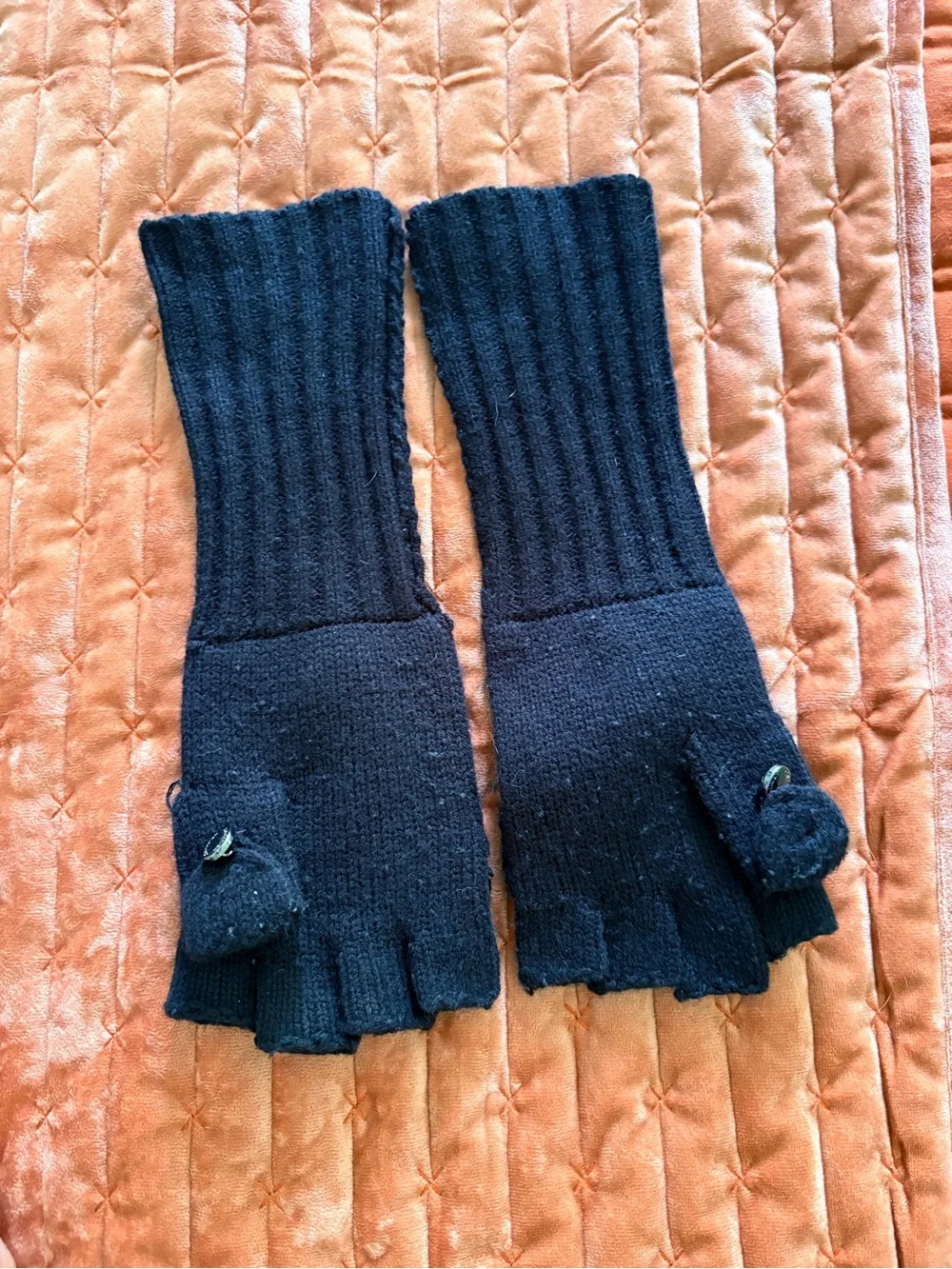 Calvin Klein Black Ribbed Pom Beanie with Convertible Fingerless Gloves